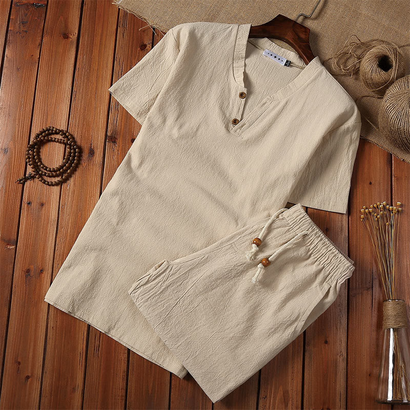 Nimara Ritual 2Pcs Plain Notched Collar Short Sleeve T-Shirt Shorts With Pockets Cotton Linen Men's Meditation Cloth Set