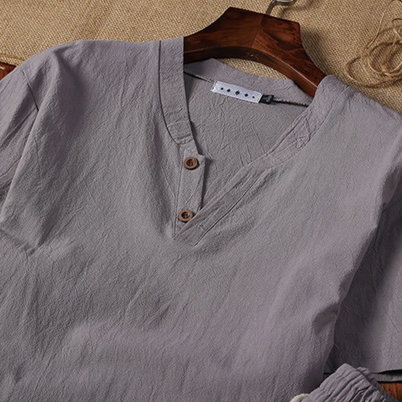 Nimara Ritual 2Pcs Plain Notched Collar Short Sleeve T-Shirt Shorts With Pockets Cotton Linen Men's Meditation Cloth Set