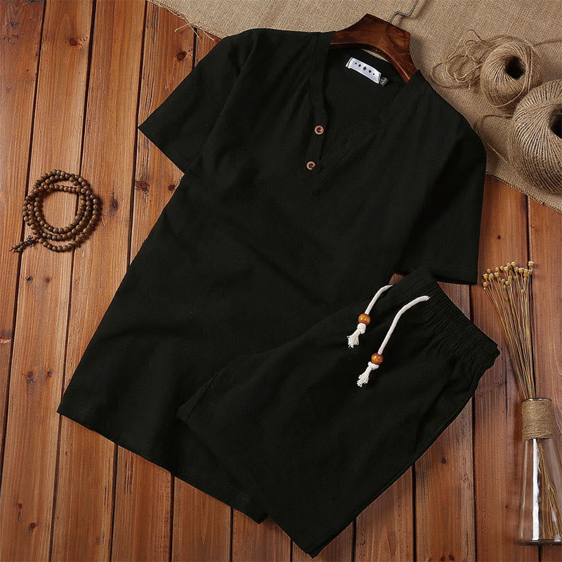 Nimara Ritual 2Pcs Plain Notched Collar Short Sleeve T-Shirt Shorts With Pockets Cotton Linen Men's Meditation Cloth Set