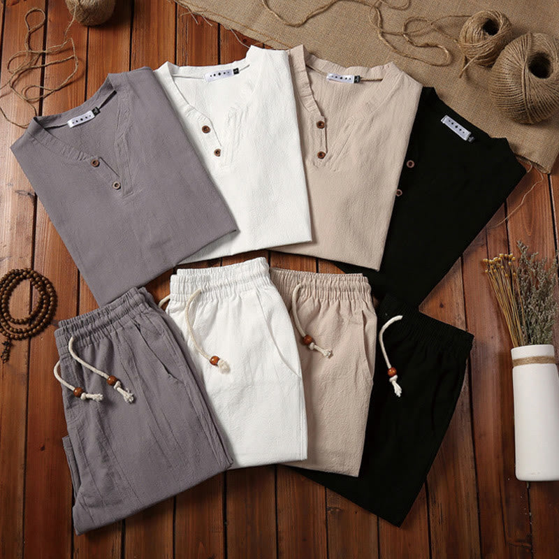 Nimara Ritual 2Pcs Plain Notched Collar Short Sleeve T-Shirt Shorts With Pockets Cotton Linen Men's Meditation Cloth Set