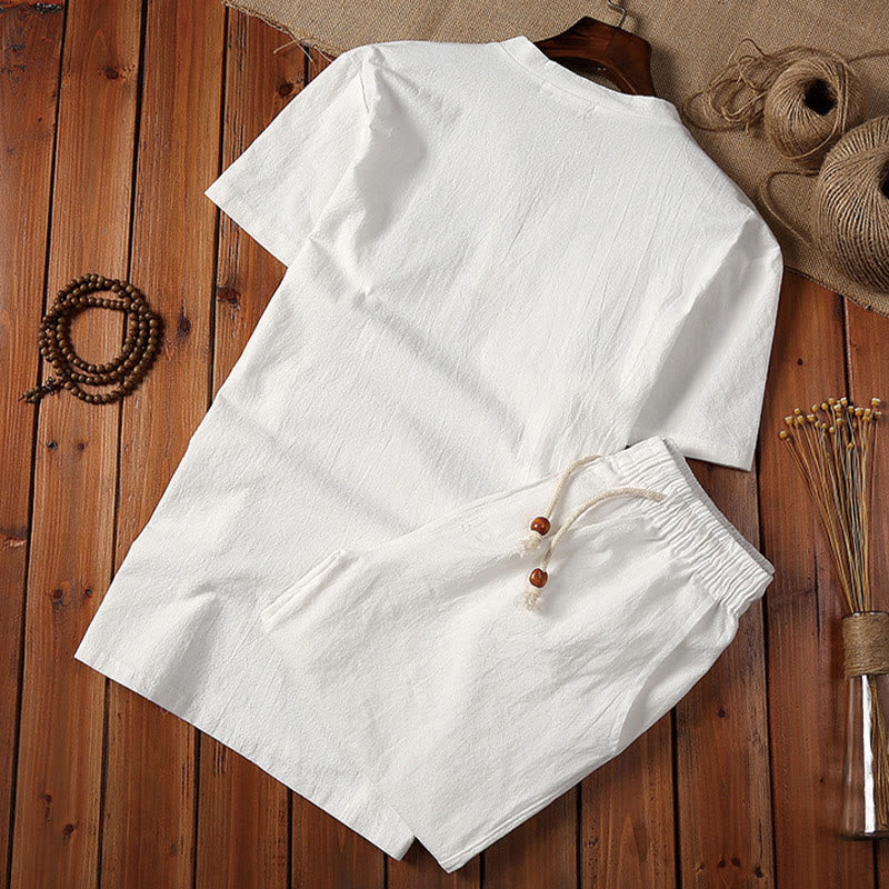 Nimara Ritual 2Pcs Plain Notched Collar Short Sleeve T-Shirt Shorts With Pockets Cotton Linen Men's Meditation Cloth Set