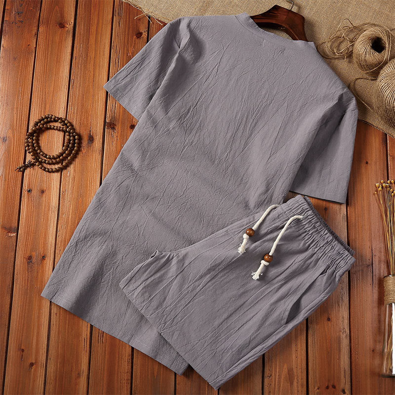 Nimara Ritual 2Pcs Plain Notched Collar Short Sleeve T-Shirt Shorts With Pockets Cotton Linen Men's Meditation Cloth Set