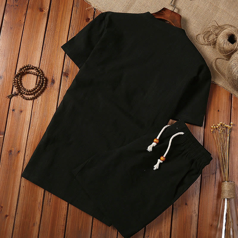 Nimara Ritual 2Pcs Plain Notched Collar Short Sleeve T-Shirt Shorts With Pockets Cotton Linen Men's Meditation Cloth Set