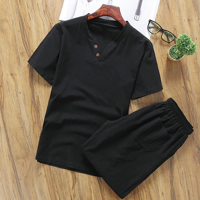 Nimara Ritual Casual 2Pcs Plain Sleeve T-Shirt Shorts With Pockets Men's Meditation Cloth Set