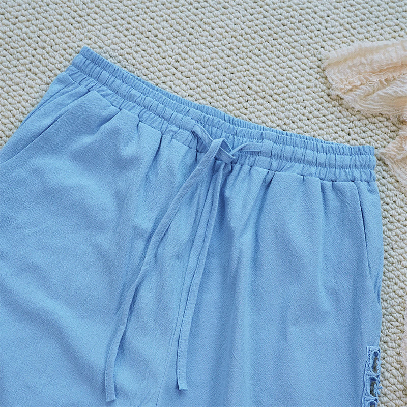 Nimara Ritual Summer Plain Color Splicing Design Cotton Linen Women's Pants With Pockets