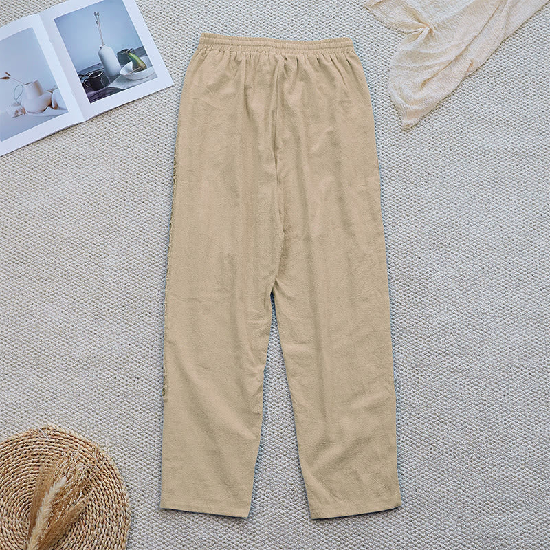 Nimara Ritual Summer Plain Color Splicing Design Cotton Linen Women's Pants With Pockets