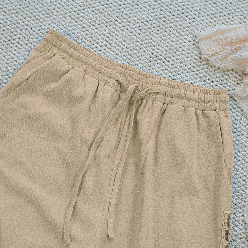 Nimara Ritual Summer Plain Color Splicing Design Cotton Linen Women's Pants With Pockets