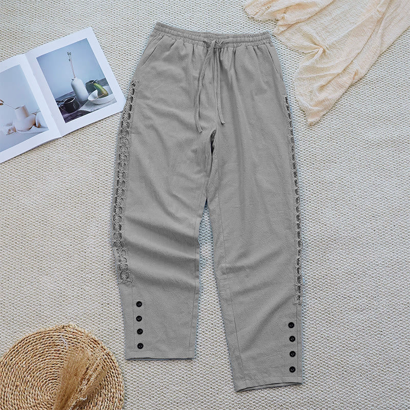 Nimara Ritual Summer Plain Color Splicing Design Cotton Linen Women's Pants With Pockets