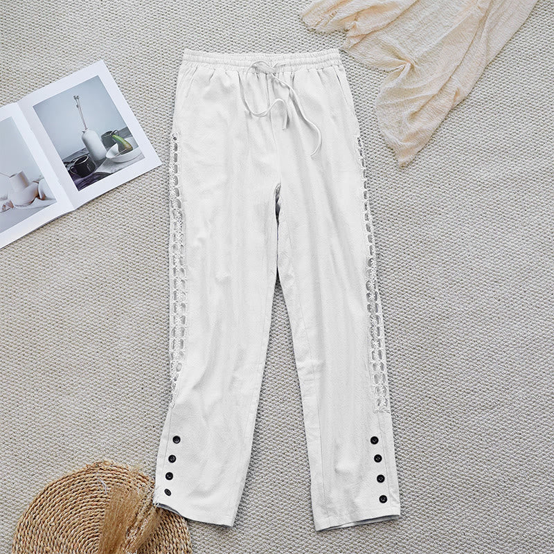 Nimara Ritual Summer Plain Color Splicing Design Cotton Linen Women's Pants With Pockets