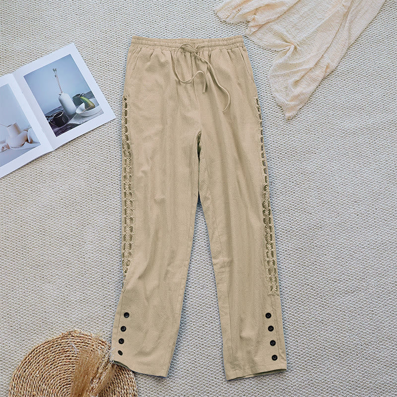Nimara Ritual Summer Plain Color Splicing Design Cotton Linen Women's Pants With Pockets