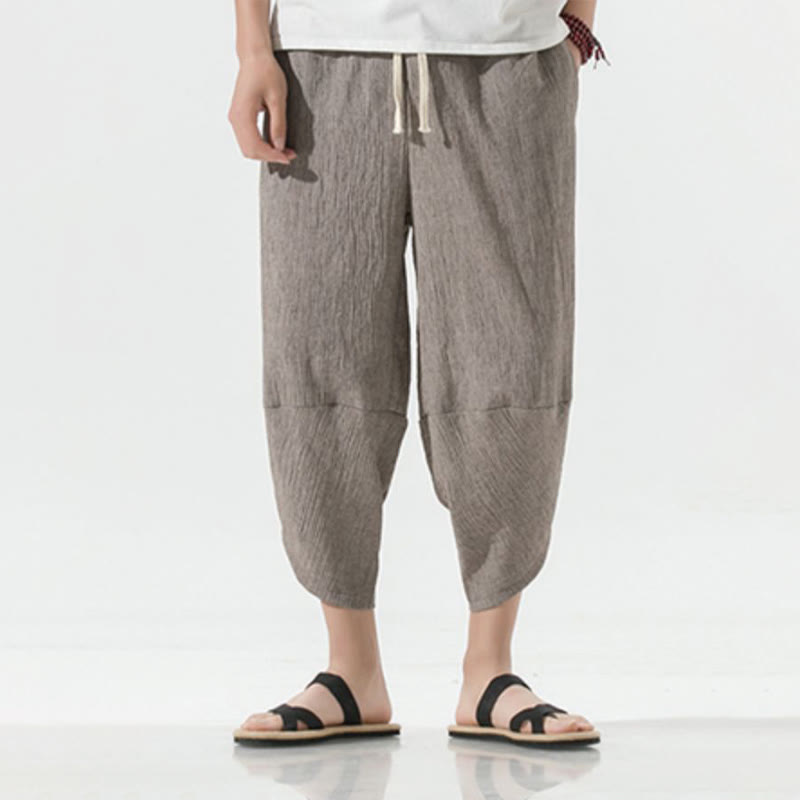Nimara Ritual Plain Simple Design Drawstring 7-8 Length Linen Men's Harem Pants With Pockets