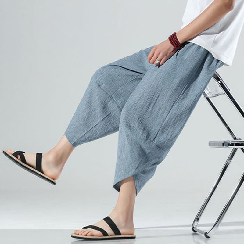 Nimara Ritual Plain Simple Design Drawstring 7-8 Length Linen Men's Harem Pants With Pockets