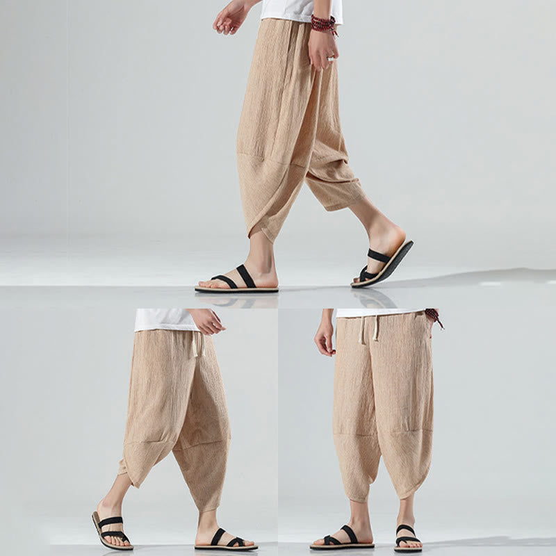 Nimara Ritual Plain Simple Design Drawstring 7-8 Length Linen Men's Harem Pants With Pockets