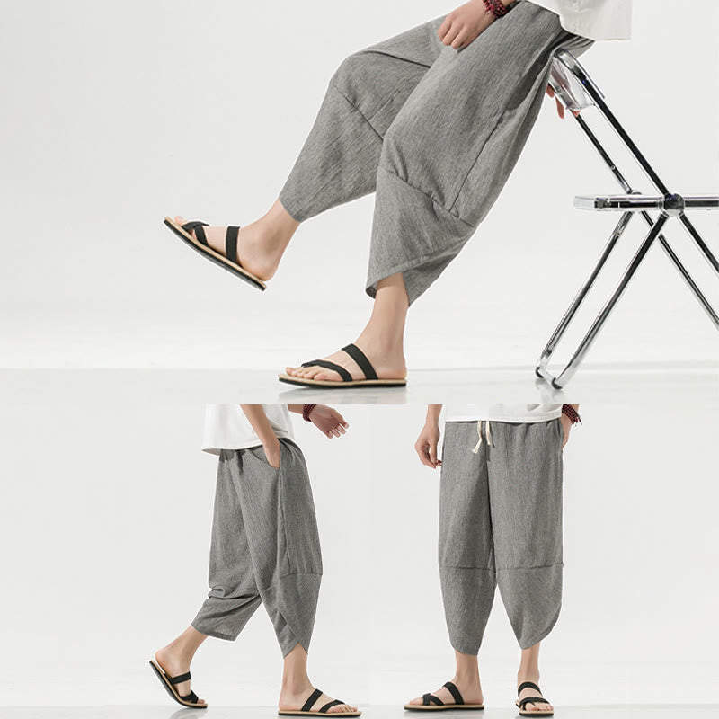 Nimara Ritual Plain Simple Design Drawstring 7-8 Length Linen Men's Harem Pants With Pockets