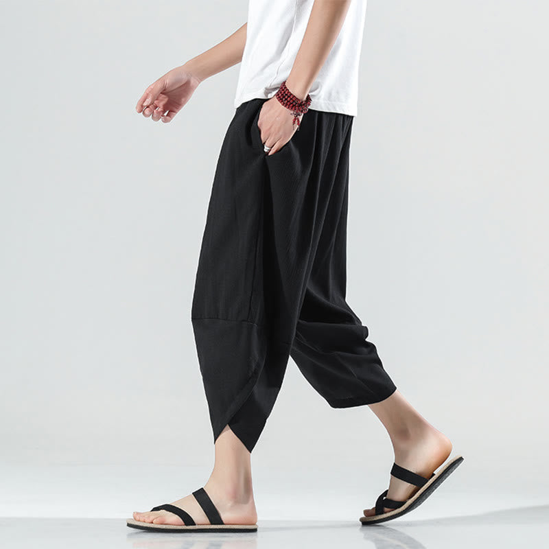 Nimara Ritual Plain Simple Design Drawstring 7-8 Length Linen Men's Harem Pants With Pockets