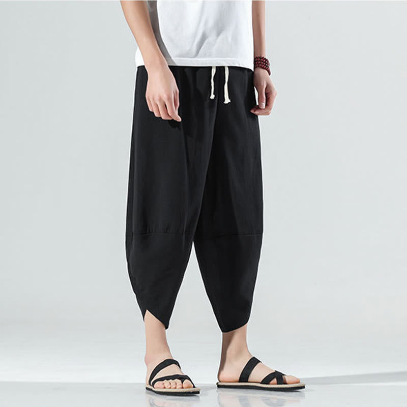 Nimara Ritual Plain Simple Design Drawstring 7-8 Length Linen Men's Harem Pants With Pockets