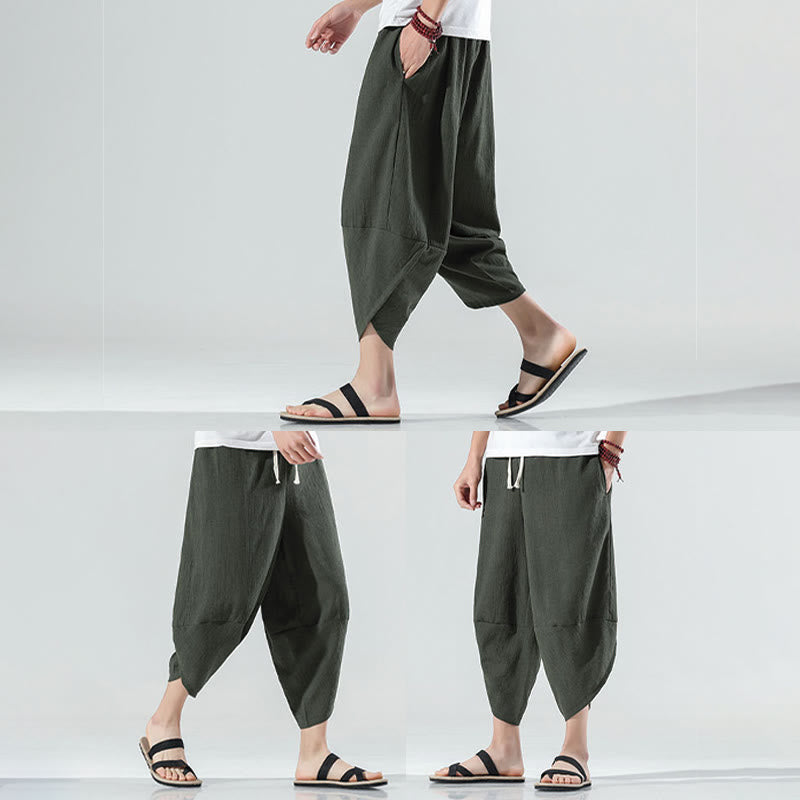 Nimara Ritual Plain Simple Design Drawstring 7-8 Length Linen Men's Harem Pants With Pockets
