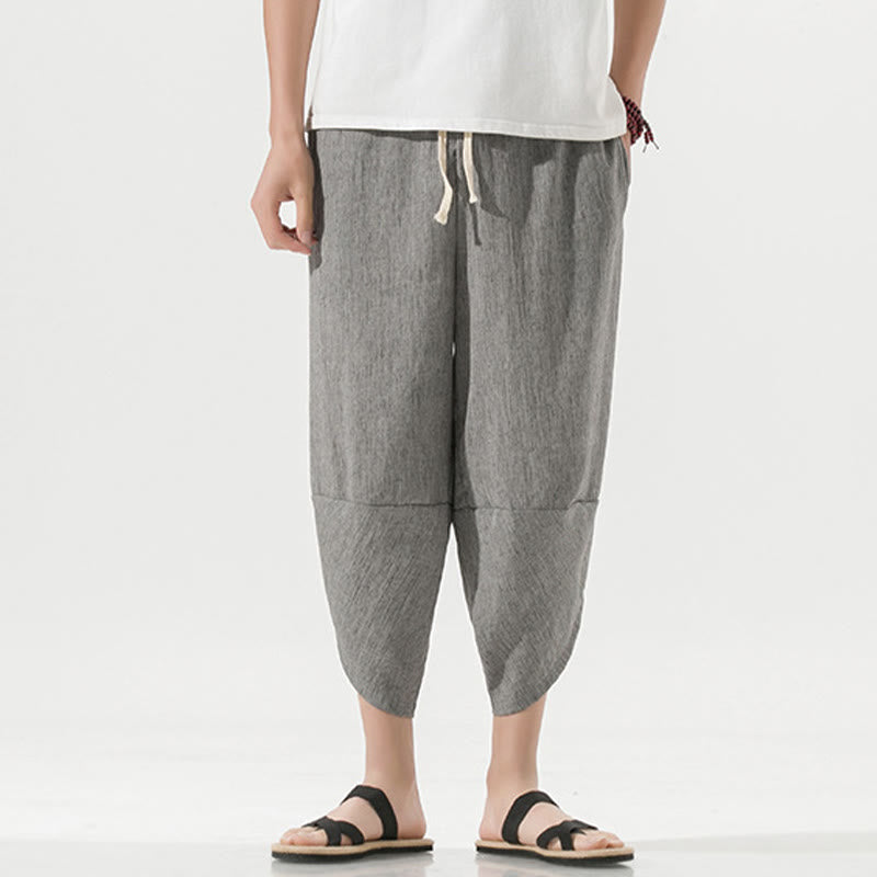 Nimara Ritual Plain Simple Design Drawstring 7-8 Length Linen Men's Harem Pants With Pockets