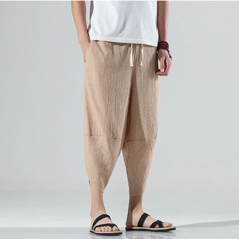 Nimara Ritual Plain Simple Design Drawstring 7-8 Length Linen Men's Harem Pants With Pockets