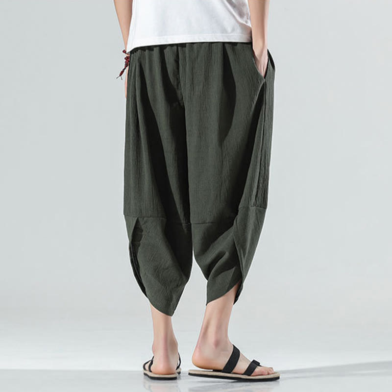 Nimara Ritual Plain Simple Design Drawstring 7-8 Length Linen Men's Harem Pants With Pockets