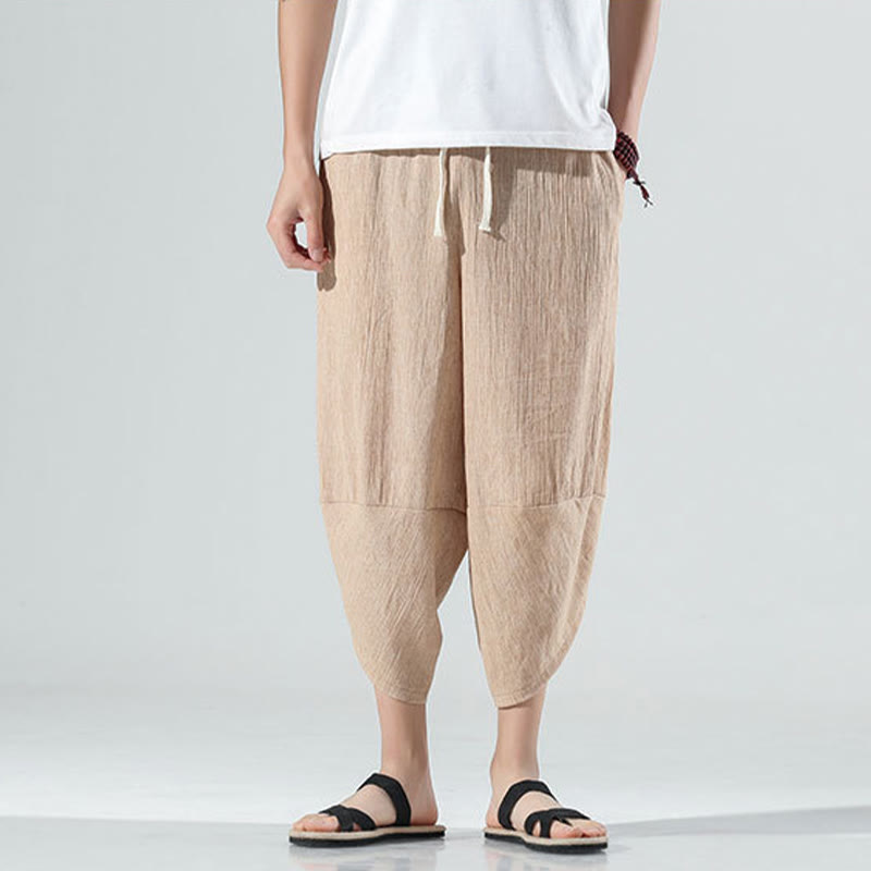 Nimara Ritual Plain Simple Design Drawstring 7-8 Length Linen Men's Harem Pants With Pockets