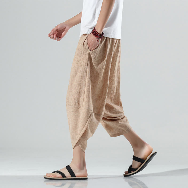 Nimara Ritual Plain Simple Design Drawstring 7-8 Length Linen Men's Harem Pants With Pockets