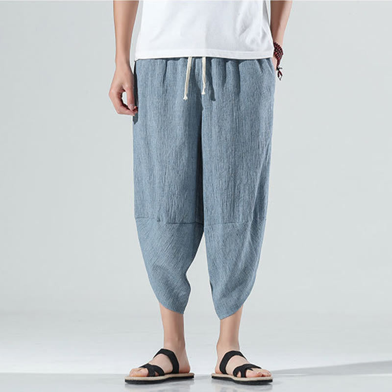 Nimara Ritual Plain Simple Design Drawstring 7-8 Length Linen Men's Harem Pants With Pockets