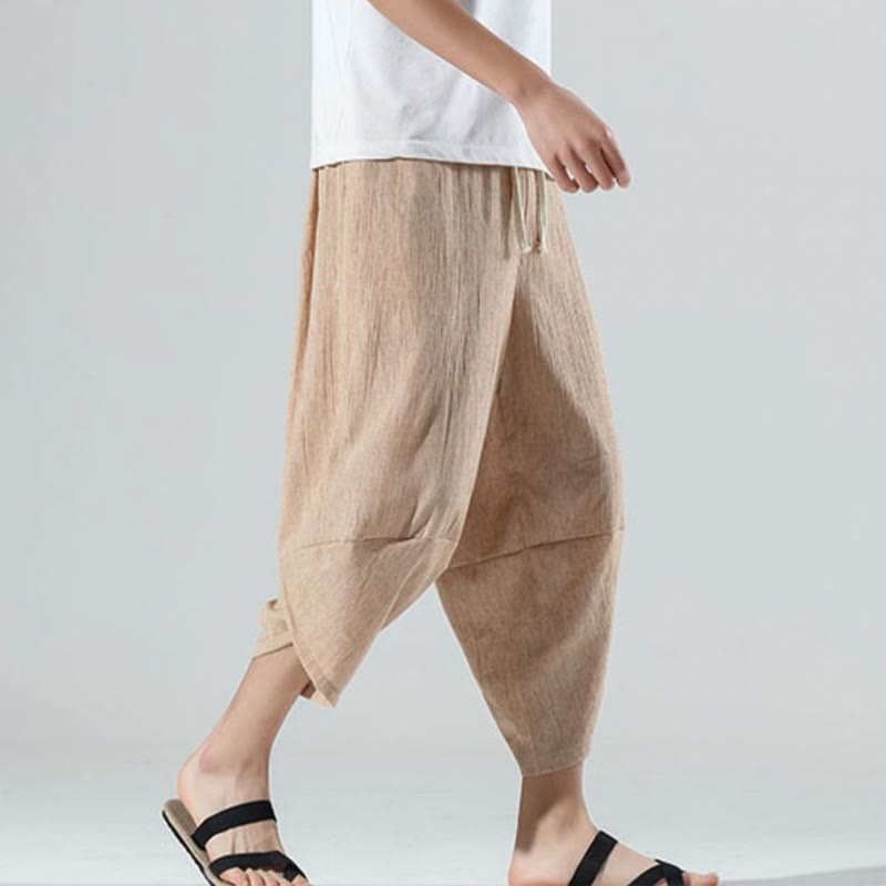 Nimara Ritual Plain Simple Design Drawstring 7-8 Length Linen Men's Harem Pants With Pockets