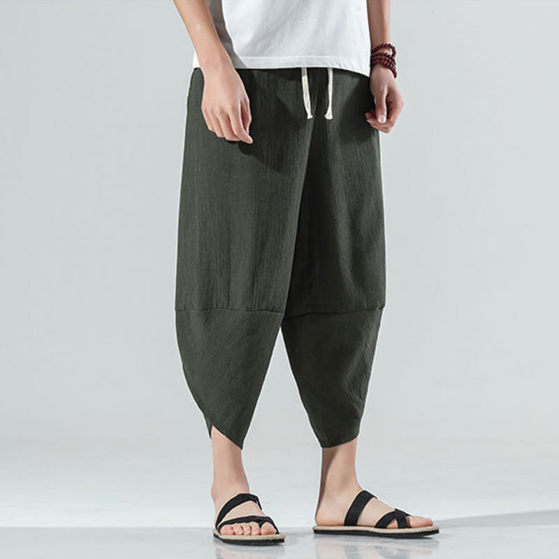 Nimara Ritual Plain Simple Design Drawstring 7-8 Length Linen Men's Harem Pants With Pockets