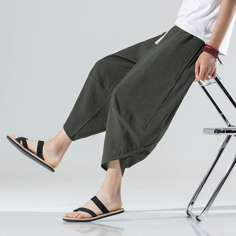 Nimara Ritual Plain Simple Design Drawstring 7-8 Length Linen Men's Harem Pants With Pockets