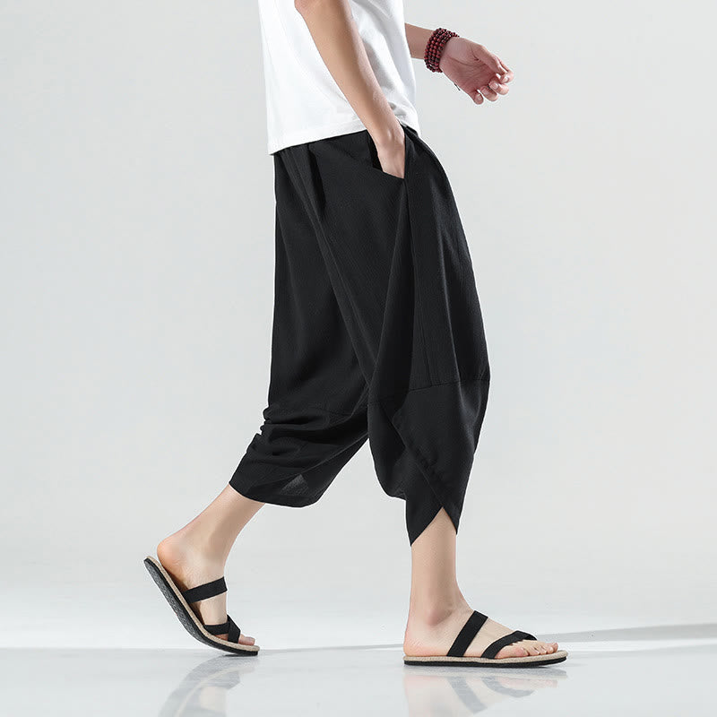 Nimara Ritual Plain Simple Design Drawstring 7-8 Length Linen Men's Harem Pants With Pockets