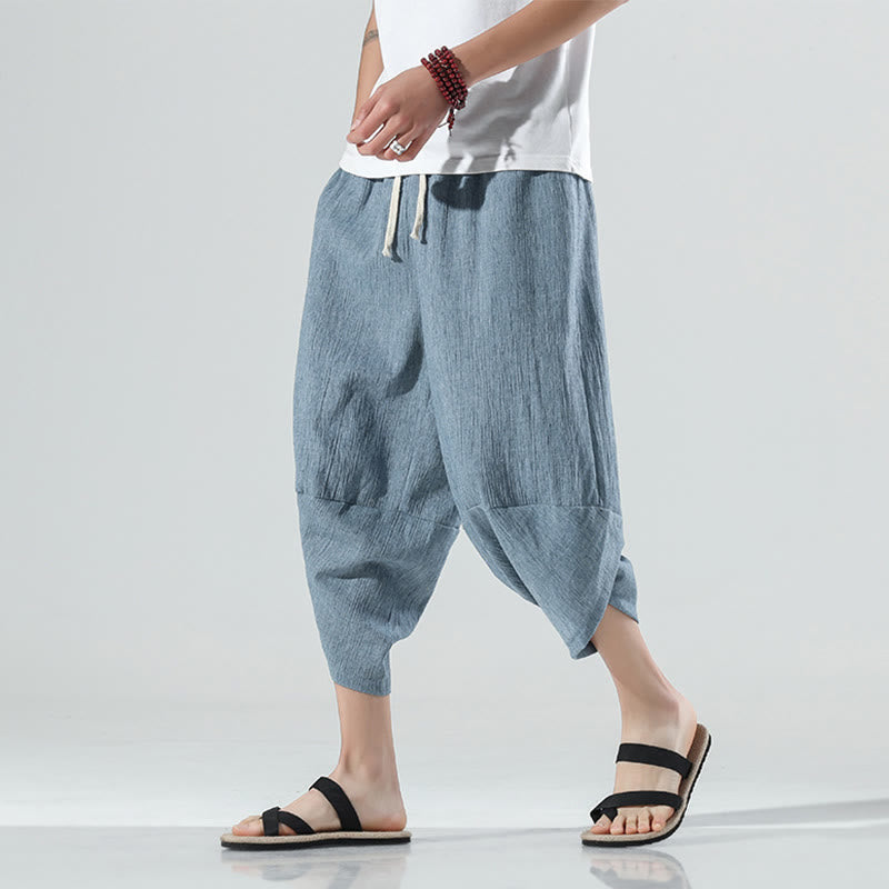 Nimara Ritual Plain Simple Design Drawstring 7-8 Length Linen Men's Harem Pants With Pockets
