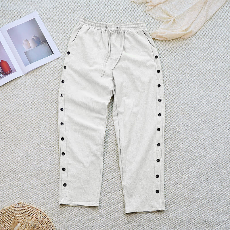Nimara Ritual Summer Plain Patchwork Design Drawstring Cotton Linen Women's Pants With Pockets