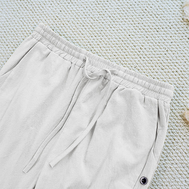 Nimara Ritual Summer Plain Patchwork Design Drawstring Cotton Linen Women's Pants With Pockets