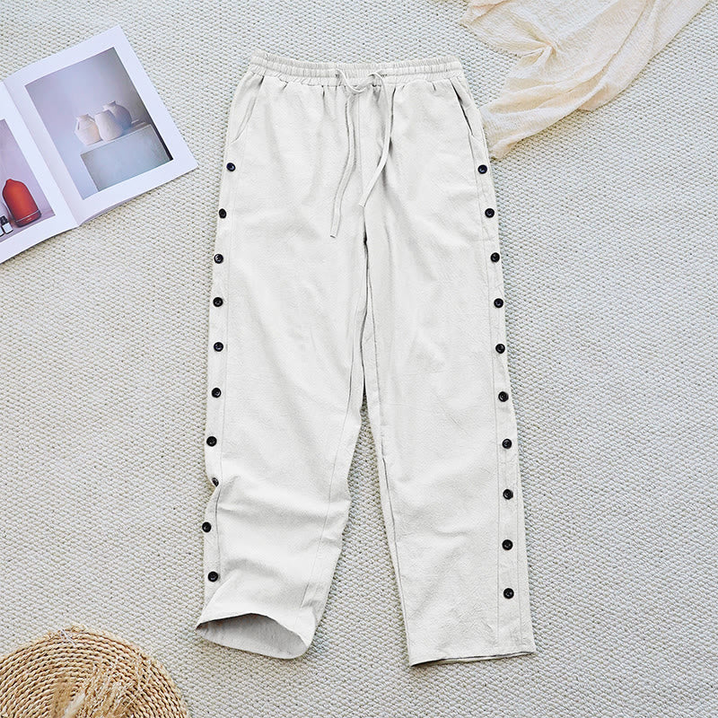 Nimara Ritual Summer Plain Patchwork Design Drawstring Cotton Linen Women's Pants With Pockets