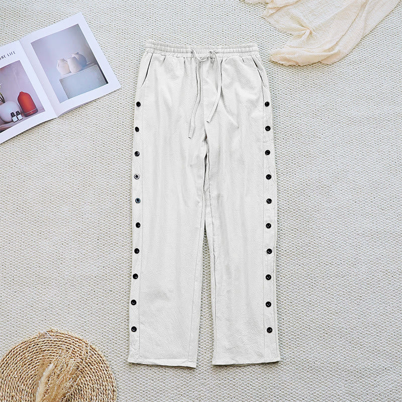 Nimara Ritual Summer Plain Patchwork Design Drawstring Cotton Linen Women's Pants With Pockets