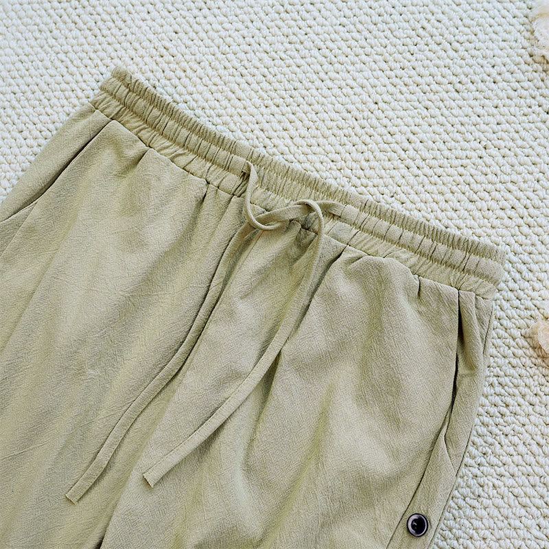 Nimara Ritual Summer Plain Patchwork Design Drawstring Cotton Linen Women's Pants With Pockets