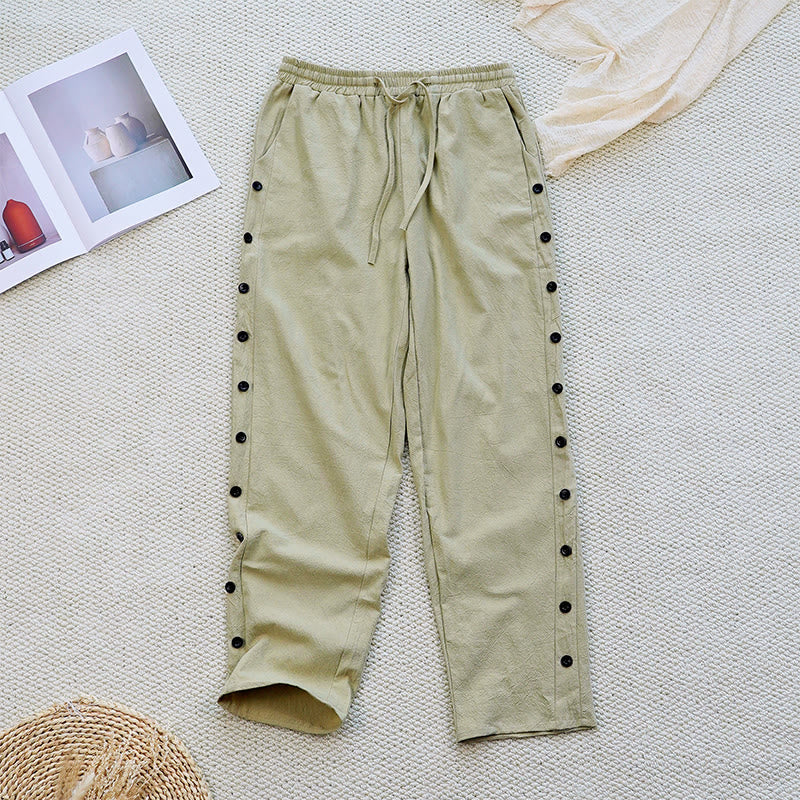 Nimara Ritual Summer Plain Patchwork Design Drawstring Cotton Linen Women's Pants With Pockets