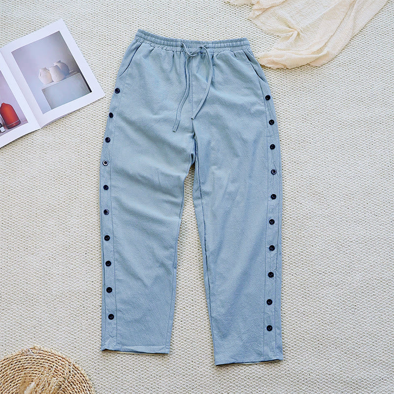 Nimara Ritual Summer Plain Patchwork Design Drawstring Cotton Linen Women's Pants With Pockets