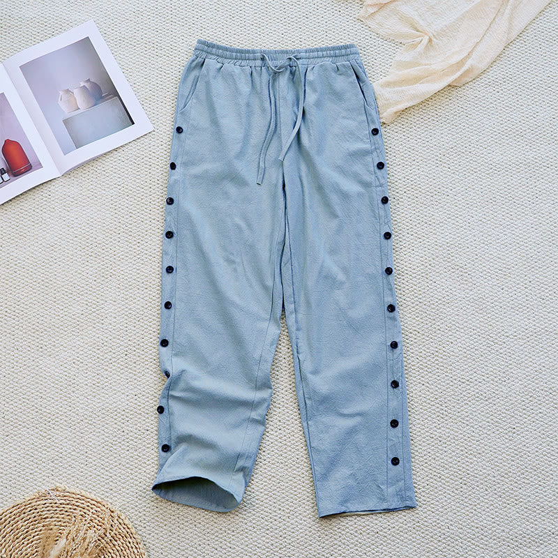 Nimara Ritual Summer Plain Patchwork Design Drawstring Cotton Linen Women's Pants With Pockets