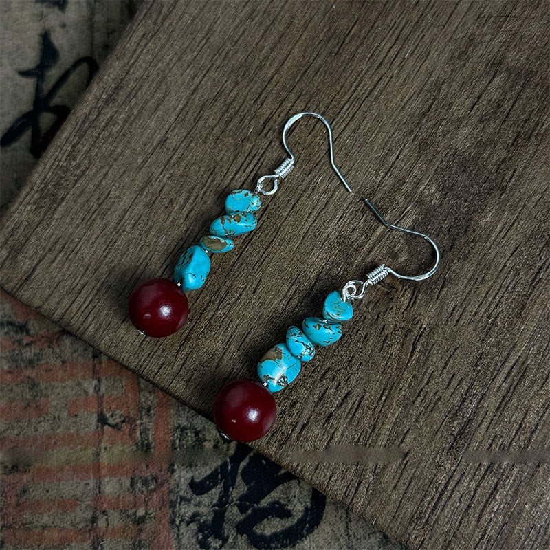 Nimara Ritual Tibetan 925 Sterling Silver Turquoise Cinnabar beads Protection Earrings