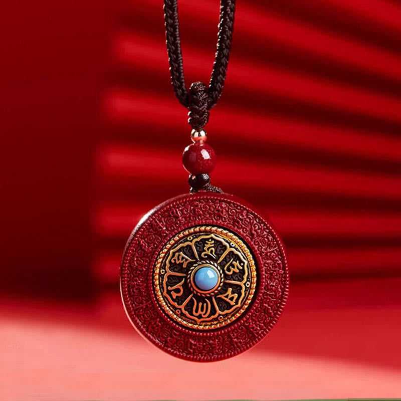 Nimara Ritual Natural Cinnabar Om Mani Padme Hum Rotatable Scripture Yin Yang Pattern Blessing Necklace String Pendant