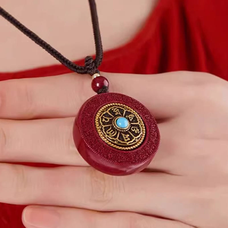 Nimara Ritual Natural Cinnabar Om Mani Padme Hum Rotatable Scripture Yin Yang Pattern Blessing Necklace String Pendant