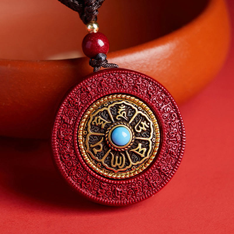 Nimara Ritual Natural Cinnabar Om Mani Padme Hum Rotatable Scripture Yin Yang Pattern Blessing Necklace String Pendant