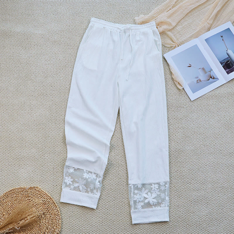 Nimara Ritual Summer Daily FloralWhite Plain Patchwork Lace Design Cotton Linen Women's Pants With Pockets