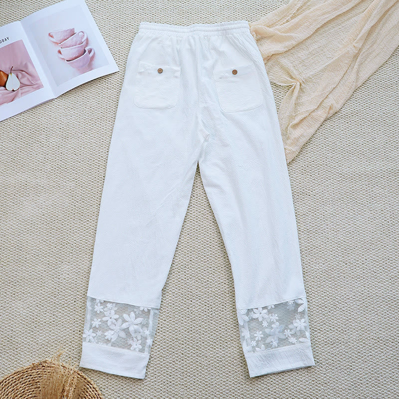 Nimara Ritual Summer Daily FloralWhite Plain Patchwork Lace Design Cotton Linen Women's Pants With Pockets