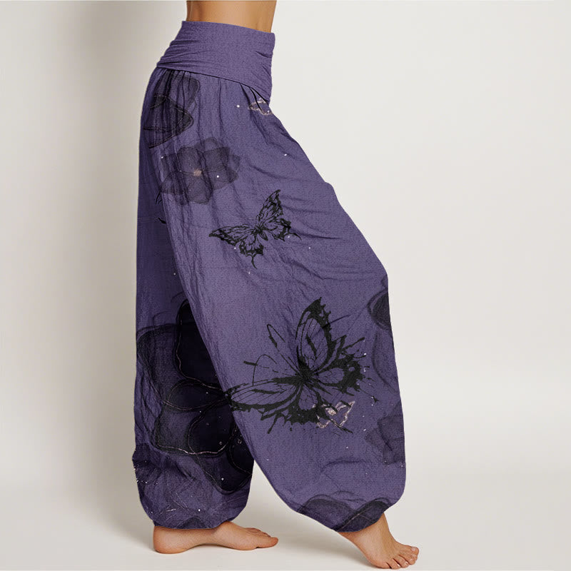 Nimara Ritual Cotton Butterfly Flowers Pattern Women's Elastic Waist Harem Pants