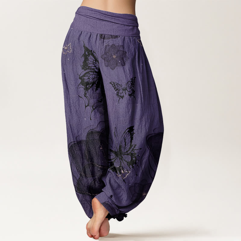 Nimara Ritual Cotton Butterfly Flowers Pattern Women's Elastic Waist Harem Pants