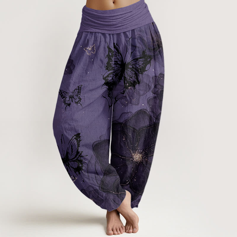 Nimara Ritual Cotton Butterfly Flowers Pattern Women's Elastic Waist Harem Pants
