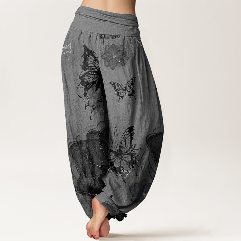 Nimara Ritual Cotton Butterfly Flowers Pattern Women's Elastic Waist Harem Pants